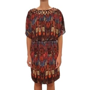 Ronni Nicole Abstract Print Dress Brown Blue Orange Short Sleeve Casual‎ Mini 6